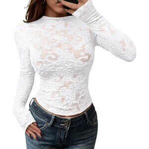 👑 Womens White Mesh Long Sleeve Crew Neck Lace Sexy Sheer Tight See Outfits Top